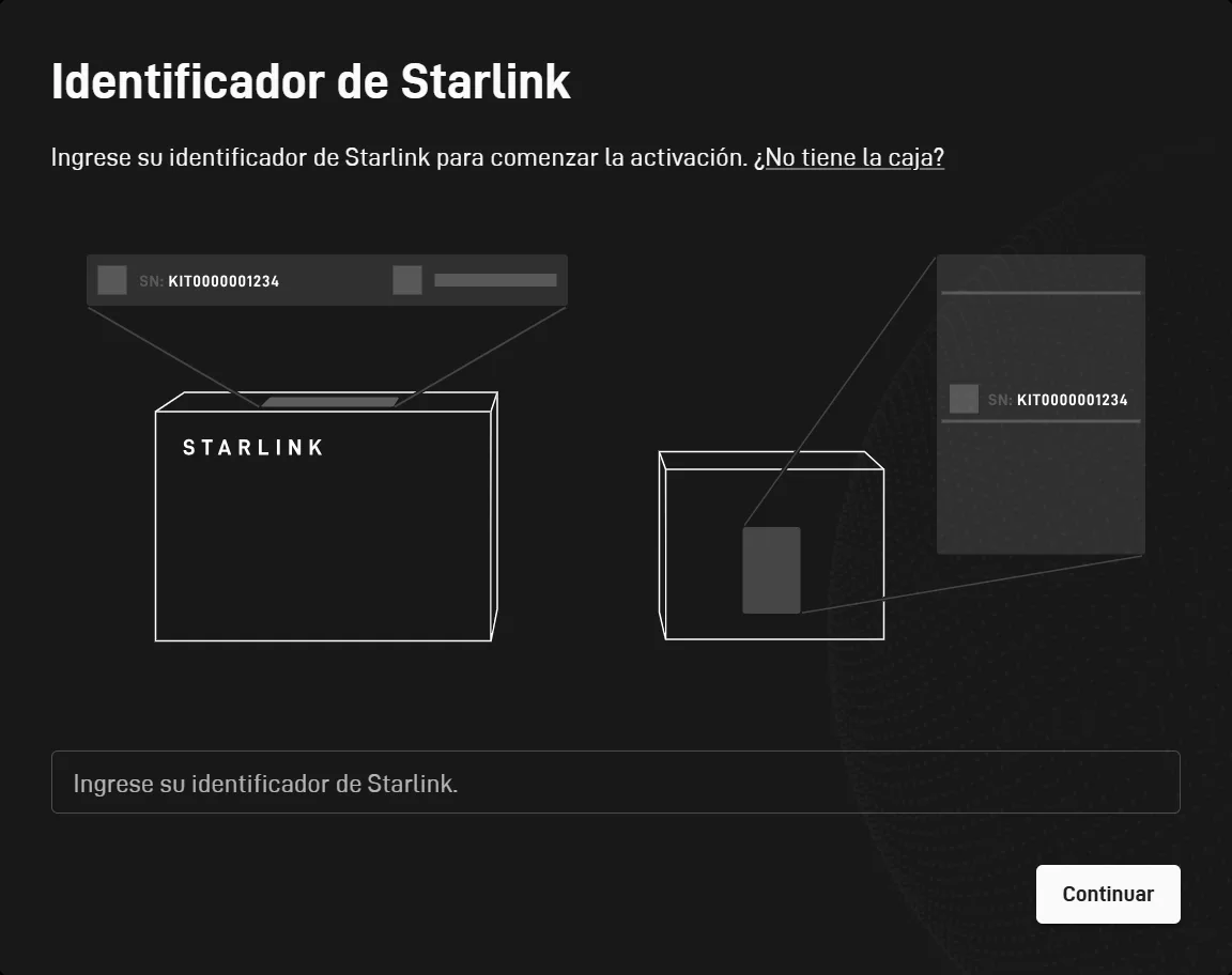 Pantalla de activación de Starlink: campo Identificador de Starlink, donde se escribe el S/N de la antena