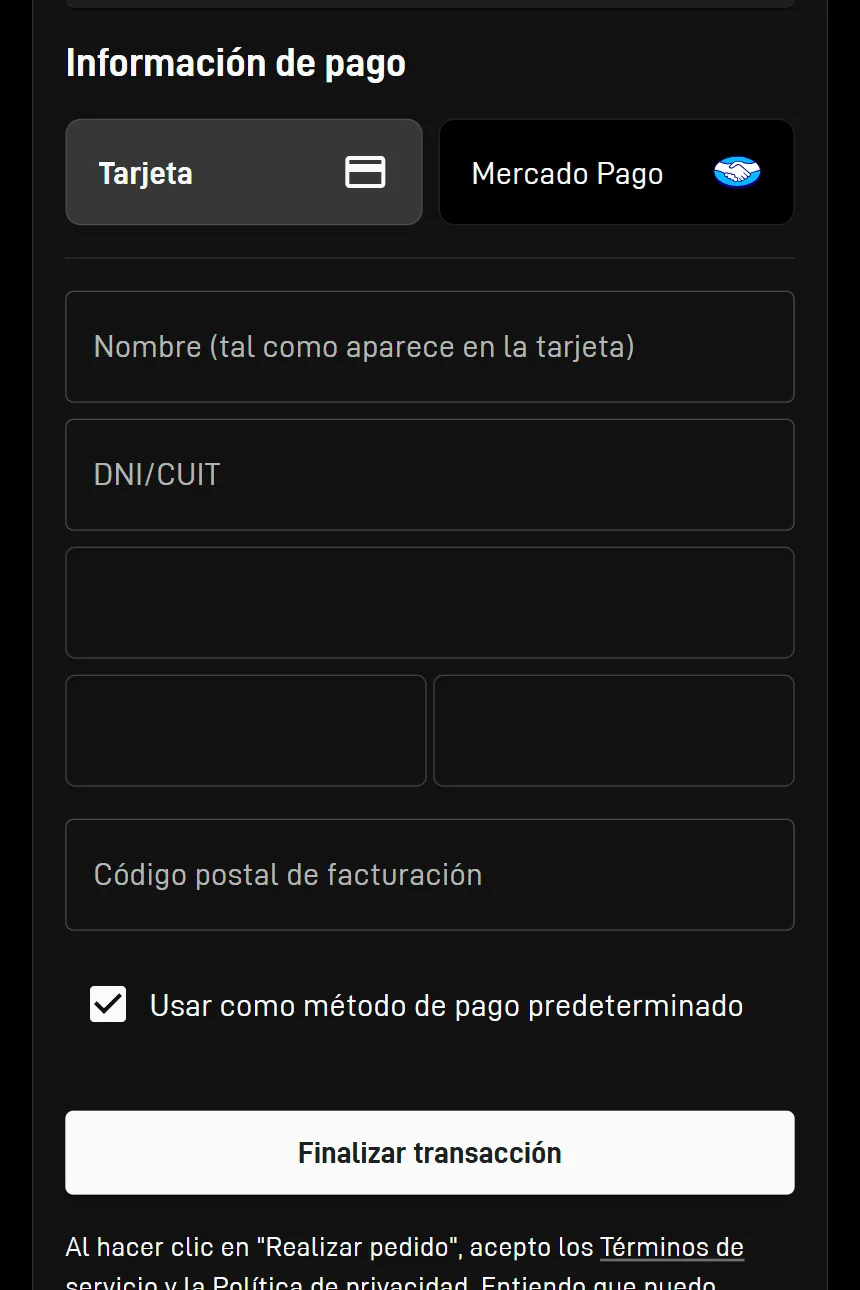 Pantalla de pago de la activación de Starlink: opciones Tarjeta o Mercado Pago, DNI/CUIT y botón Finalizar transacción