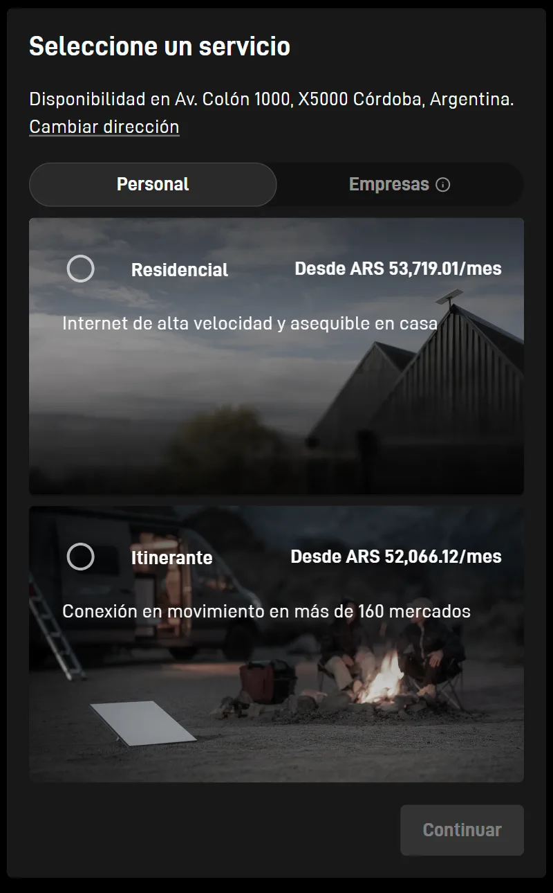 Pantalla de Starlink para elegir el plan: Residencial o Itinerante, con el precio mensual en pesos