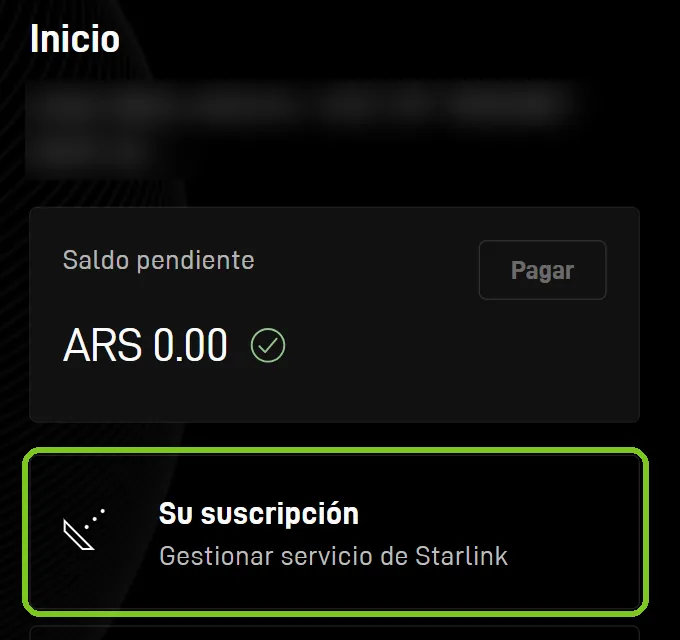 Cuenta de Starlink, pantalla Inicio: tarjeta Su suscripción, Gestionar servicio de Starlink