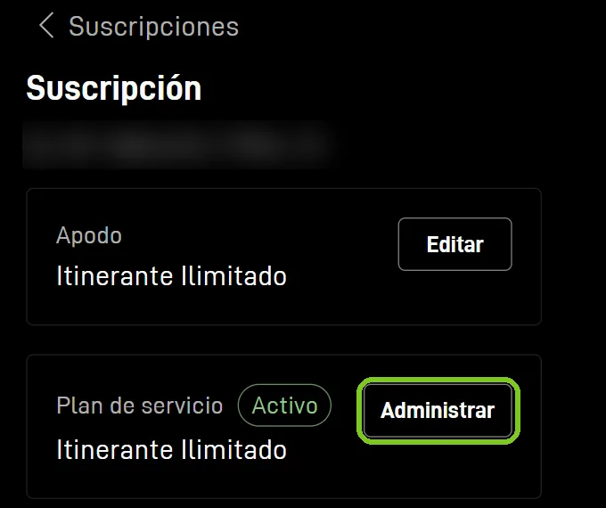 Suscripción de Starlink: Plan de servicio activo con el botón Administrar
