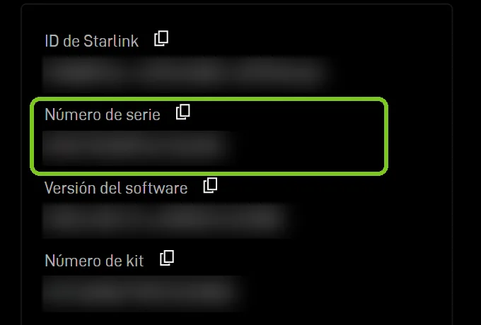 Sección Dispositivos de la suscripción de Starlink con el número de serie de la antena